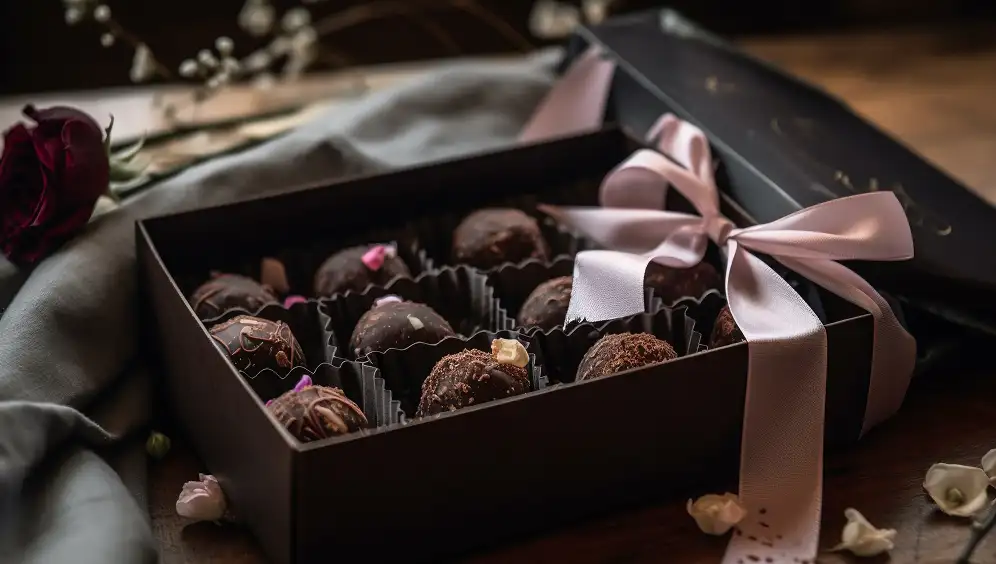Elegante geschenkdoos met een selectie verfijnde pralines en handgemaakte chocolade, afgewerkt met een zachte lintstrik.