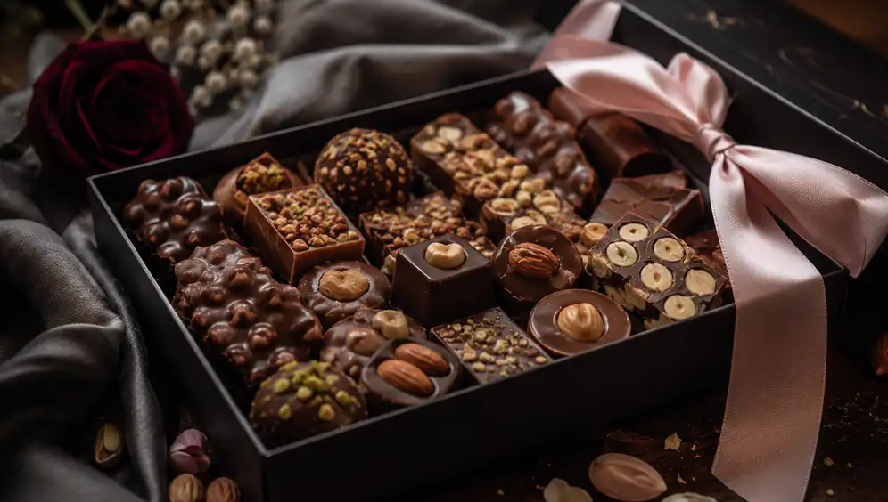 Verfijnde chocolade met noten, waaronder pralines, repen en clusters met een rijke textuur en volle smaak.