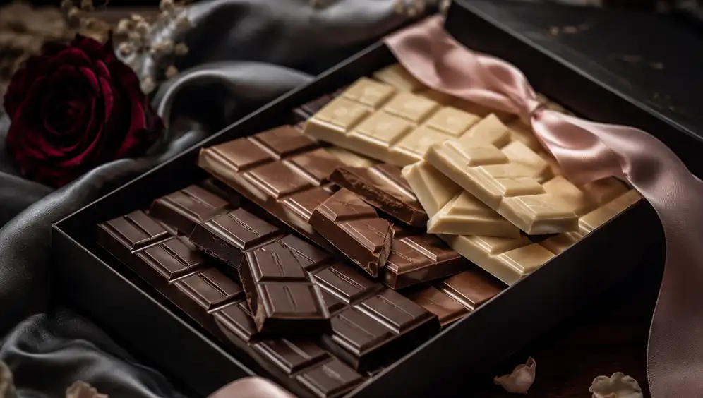 Assortiment van pure, melk- en witte chocoladerepen in Belgische stijl, stijlvol gepresenteerd in een luxe doos.