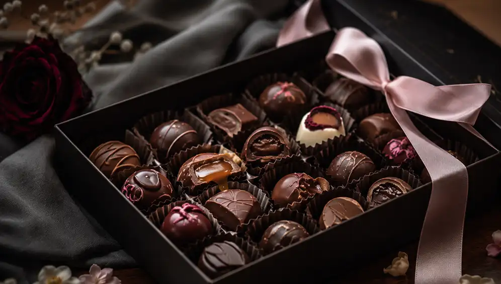Luxe selectie gevulde chocolaatjes en pralines met rijke smaken en verfijnde afwerking.