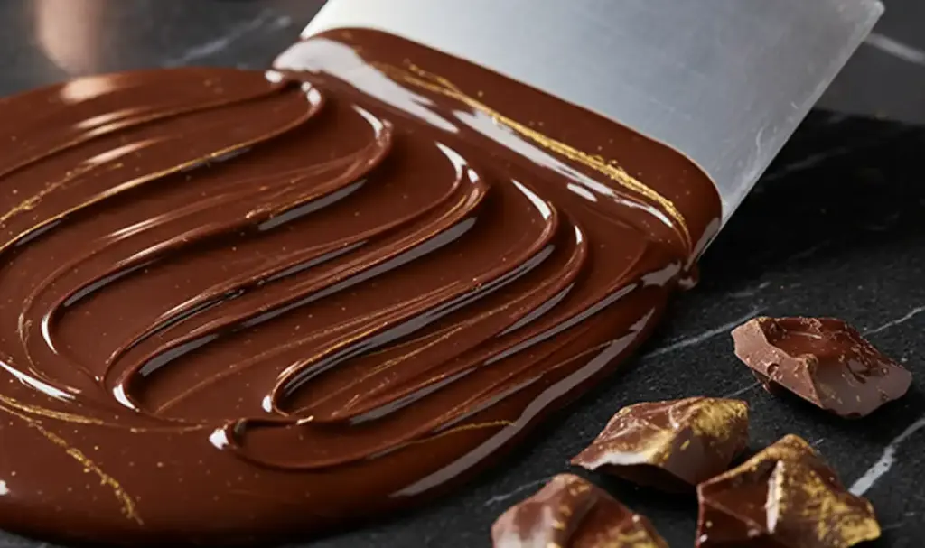Vloeibare chocolade tijdens de bereiding, glad uitgespreid als onderdeel van het ambachtelijke productieproces.